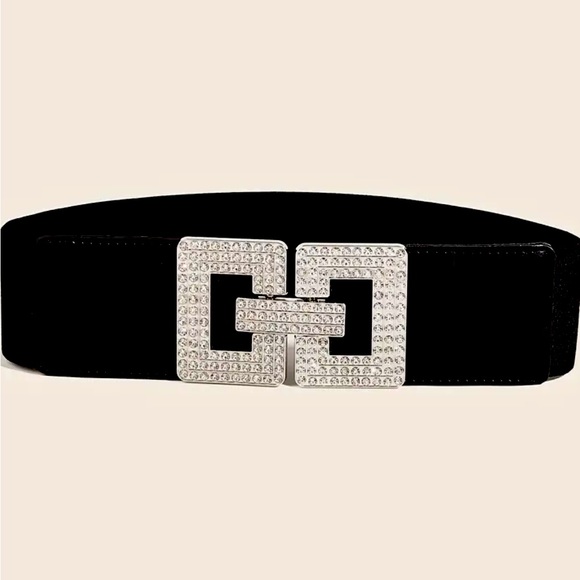 RHINESTONE GEOMETRIC BUCKLE WIDE BELT CLASSIC BLACK COLOR ELASTIC SIZE LARGE - Picture 4 of 6